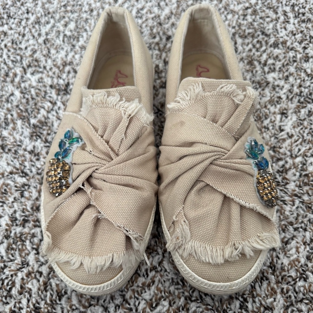 Sugar Scrondo Beige Canvas Slip On Sneakers Rhinestone Pineapple